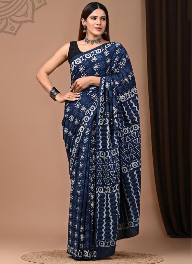 Cotton Mul Mul Blue Casual Wear Printed Saree